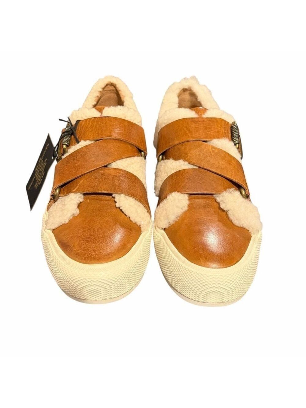 Frye Gia Moto Lowe Sneakers Cognac Lamb Skins Shearling Buckles Dust Bag NIB 6.5